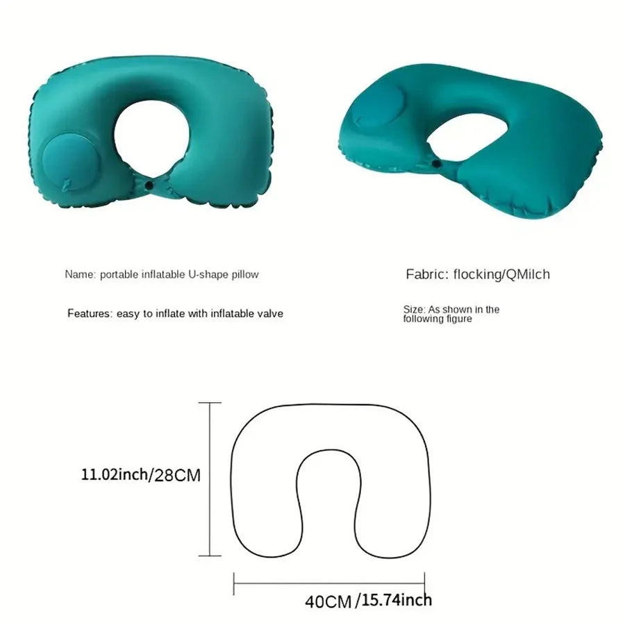 U-shaped neck pillow, teal inflatable with valve, UpTrend Deals flocking fabric on Tampa Home & Garden Store