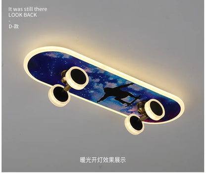 DecorBites skateboard LED ceiling light with blue cosmic deck art and warm glow, ceiling mount on Tampa Home & Garden Store
