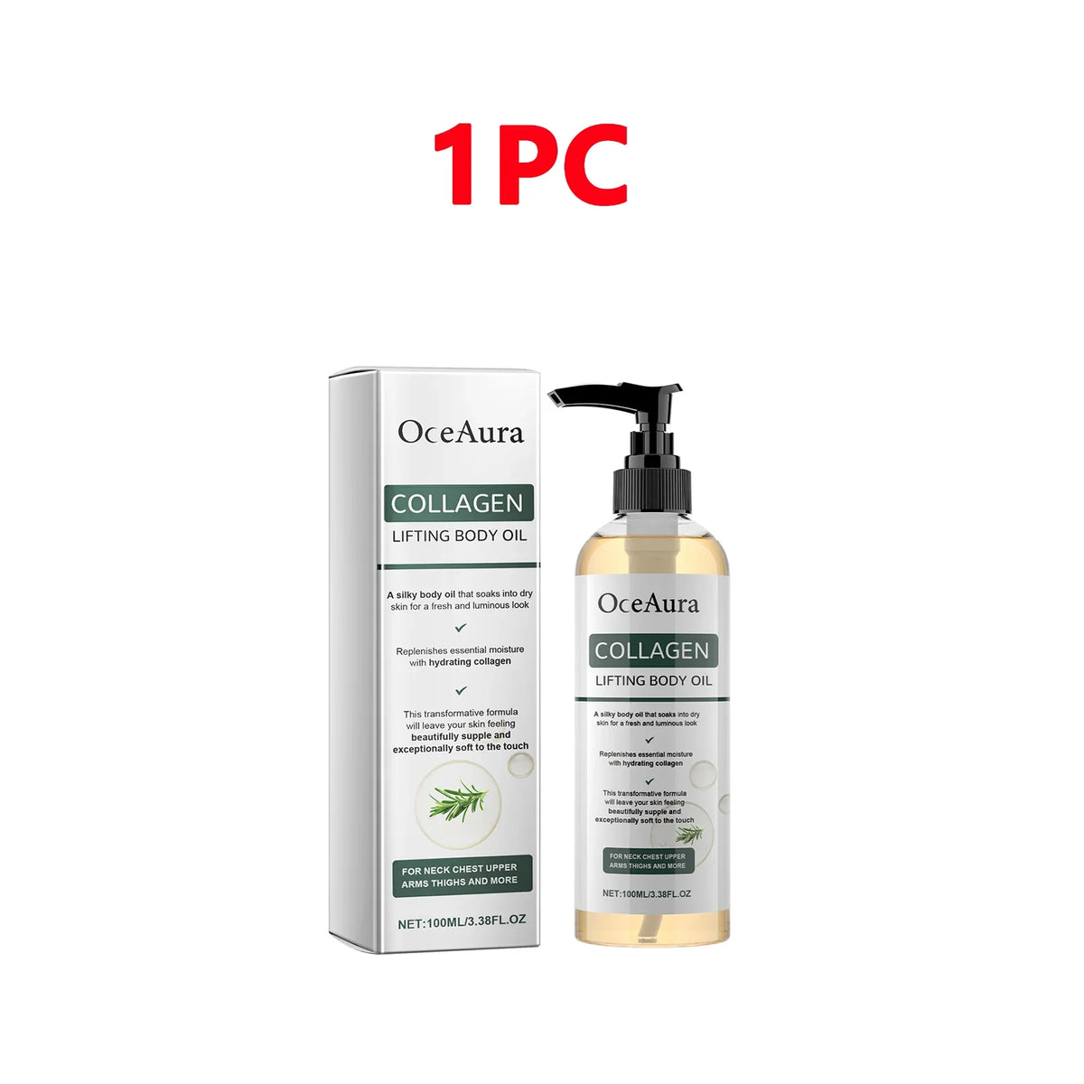 2-piece OceAura Collagen Lifting Body Oil set bottle and box with green COLLAGEN label, 100 ml on Tampa Home & Garden Store