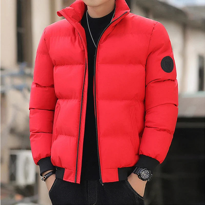 Men's Winter Jacket red thick puffer with zip front, waterproof down coat, black rib cuffs on Tampa Home & Garden Store