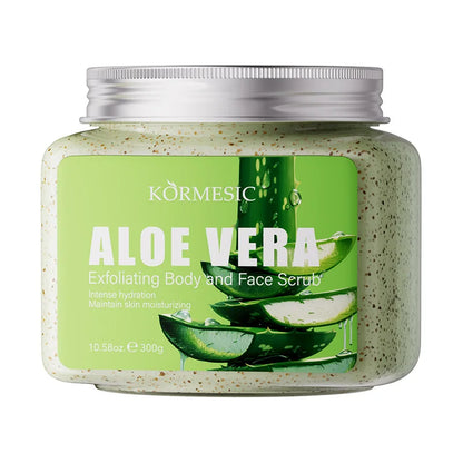 Aloe Vera Exfoliating Scrub jar with green label by KORMESIC featuring speckled exfoliant on Tampa Home & Garden Store