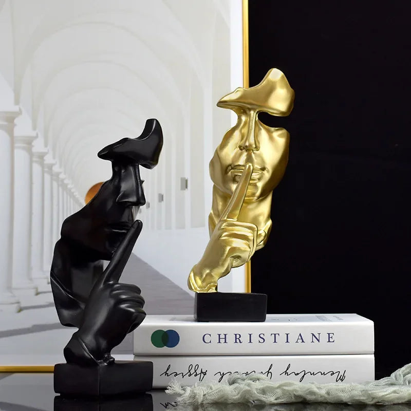 Perfecsy Silence Is Gold resin thinker statue set: gold face shushing finger, black figure on Tampa Home & Garden Store