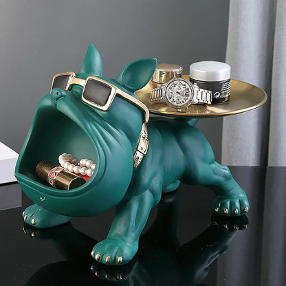 Teal resin bulldog key storage figurine with gold sunglasses and back tray decor on Tampa Home & Garden Store