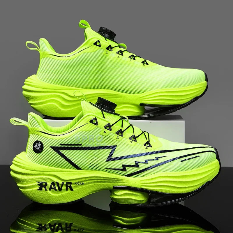 Running shoes EstaliosFit neon lime carbonplate cushioned sole pair with bold side graphics on Tampa Home & Garden Store