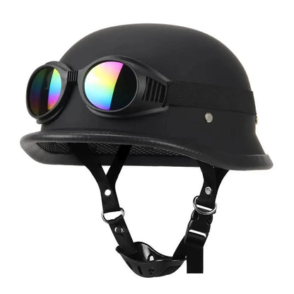 DOT-certified half helmet with retro goggles, black shell and rainbow lenses on Tampa Home & Garden Store