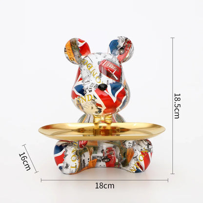 Graffiti bear figurine by Perfecsy; collage finish with gold key tray, home decor statue on Tampa Home & Garden Store