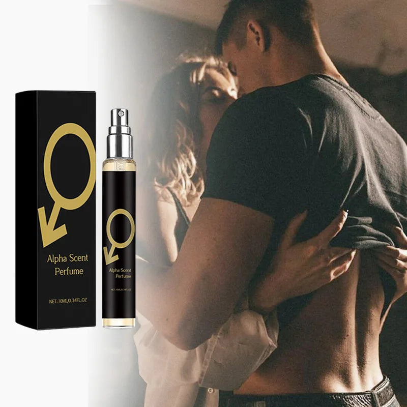 Silcy Skin Alpha Scent Perfume bottle and black/gold box, couple embracing in background on Tampa Home & Garden Store