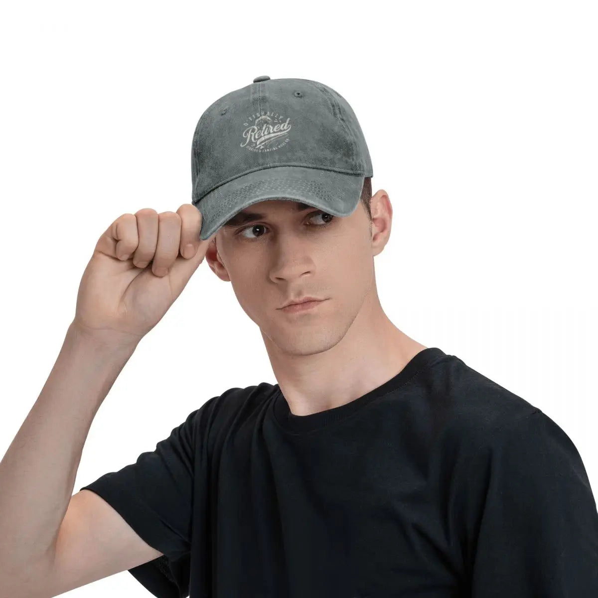 Retired cap by BikerZoneZ in faded gray distressed denim with curved brim on model on Tampa Home & Garden Store