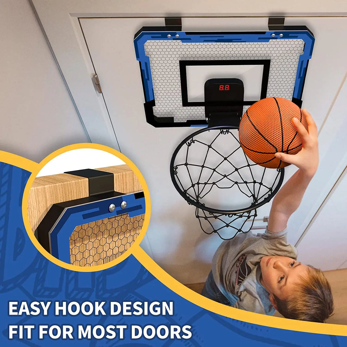 Mini wall-mounted kids basketball hoop with blue frame honeycomb backboard by FLIPSTYLEZLLC on Tampa Home & Garden Store
