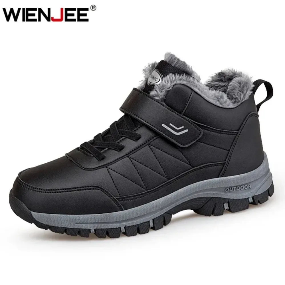 Mens black waterproof winter snow boots Wienjee with faux fur lining and Velcro strap, rugged outsole on Tampa Home & Garden Store