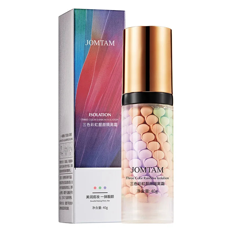 JOMTAM Color Rainbow Isolation makeup primer bottle beside its box with multicolor beads, 40g on Tampa Home & Garden Store