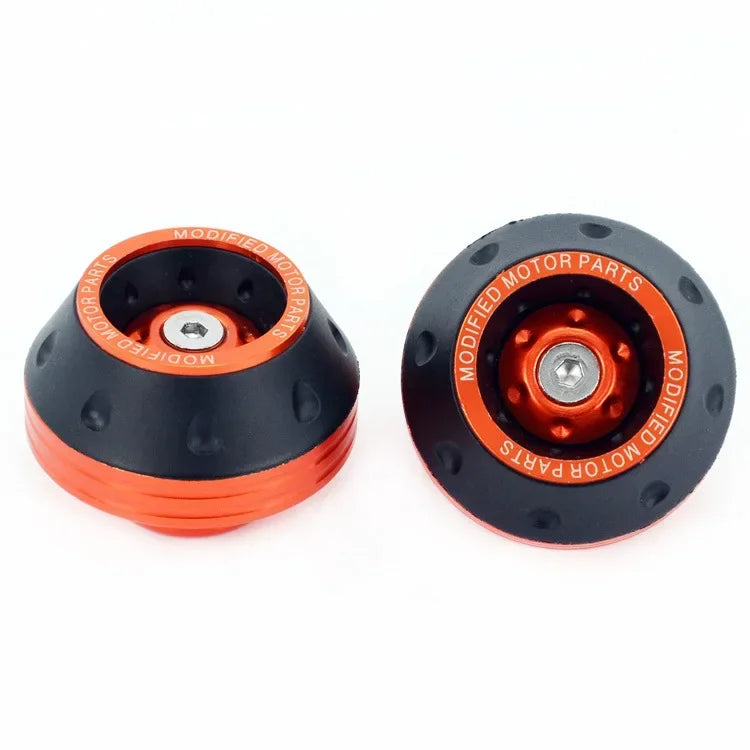 2pcs BikerZoneZ front fork slider crash protectors, black with orange anodized rings on Tampa Home & Garden Store