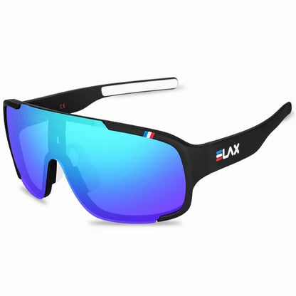 ELAX sunglasses UV400 sport with blue mirrored lenses and black frame ELAX logo on temple on Tampa Home & Garden Store