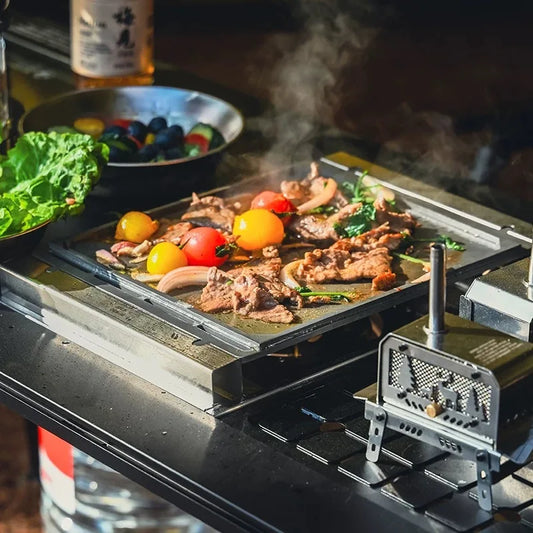 GS450 outdoor camping baking tray on stainless steel grill with beef and peppers FLIPSTYLEZLLC on Tampa Home & Garden Store