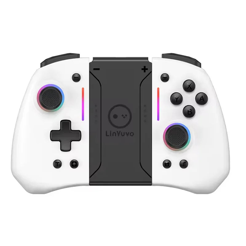 Two white wireless gamepads for Switch/OLED with RGB ring lights and cradle, LinVuo branding on Tampa Home & Garden Store