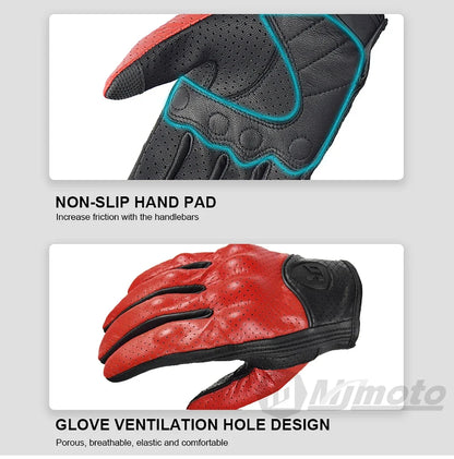 Motorcycle Retro Leather Gloves 2pc: black/teal non-slip palm; red perforated vented on Tampa Home & Garden Store