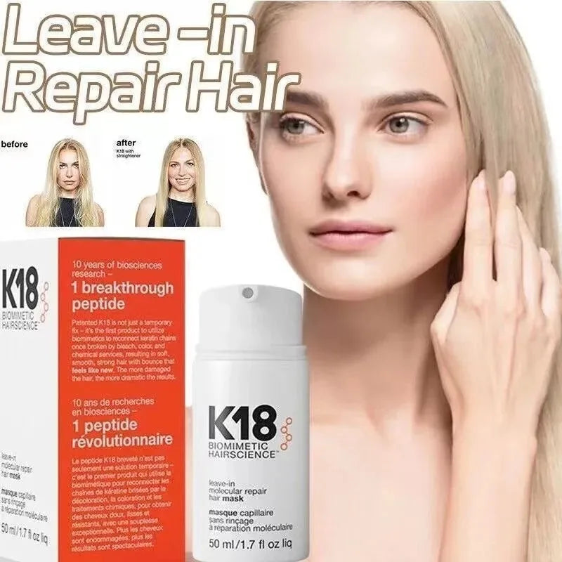 K18 leave-in molecular repair hair mask by Silcy Skin; white bottle beside orange box on Tampa Home & Garden Store
