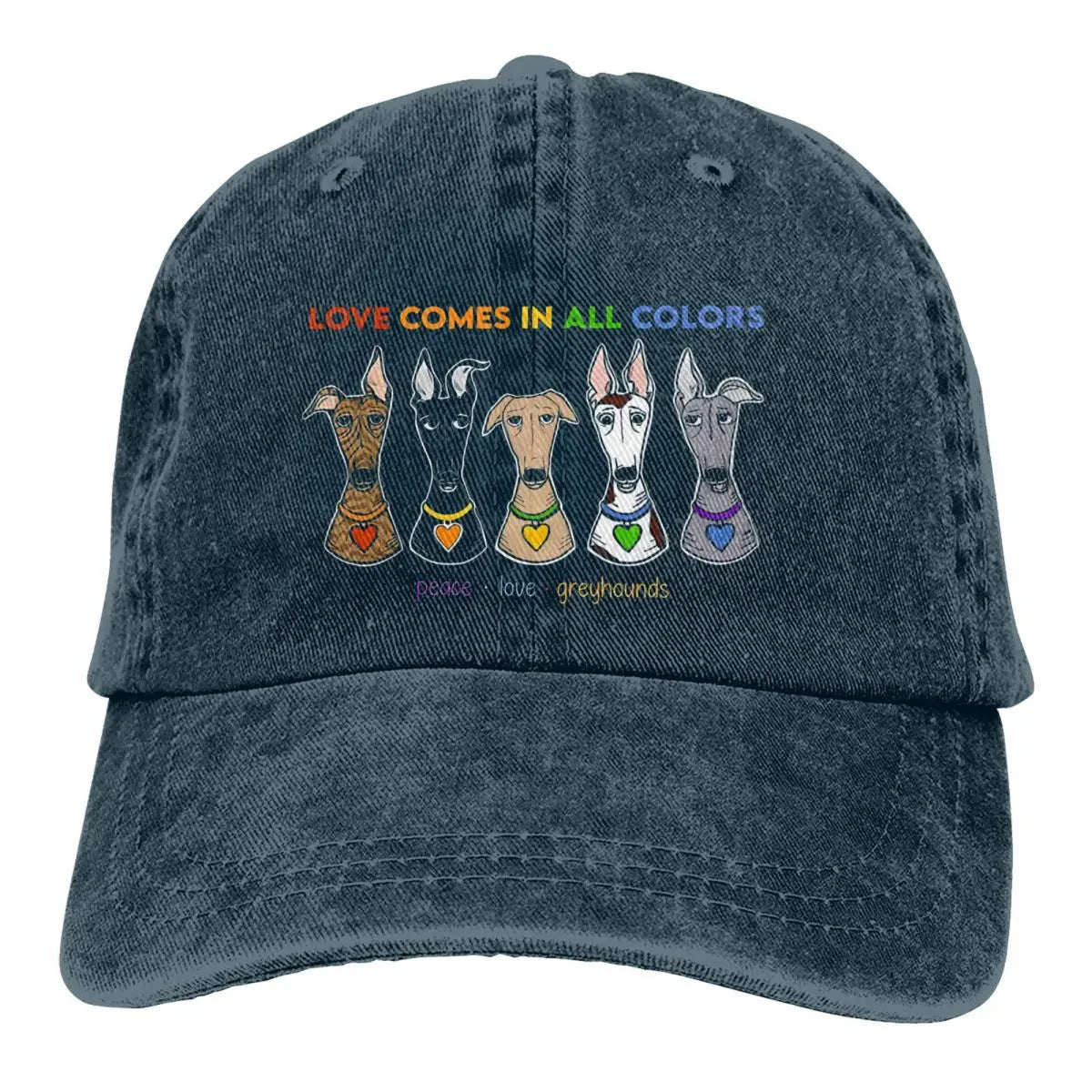 Peace Love Caps denim hat with five colorful greyhounds and rainbow text on Tampa Home & Garden Store