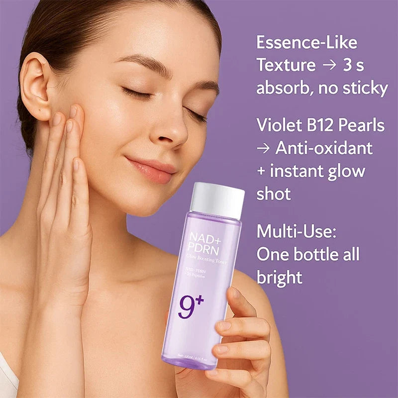 NAD+ PDRN Glow Boosting Toner by Silcy Skin in a purple bottle held by a model on Tampa Home & Garden Store