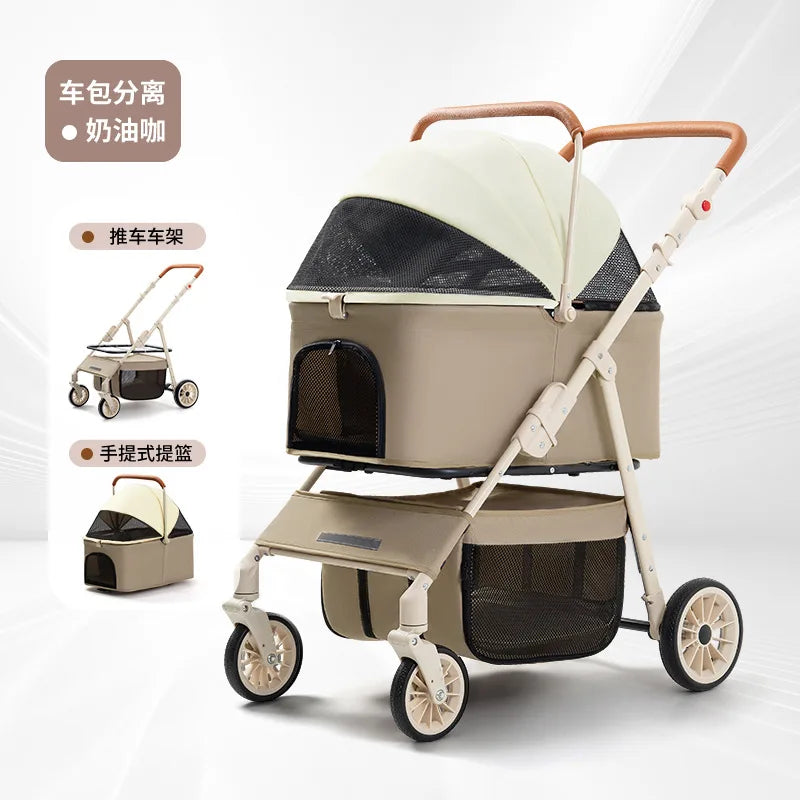 Pet Zen 3-in-1 Pet Stroller with detachable carrier beige, storage basket, 4-wheel brakes on Tampa Home & Garden Store