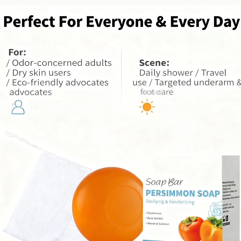 Persimmon Soap Bar by Silcy Skin, orange round soap with packaging and persimmon imagery on Tampa Home & Garden Store