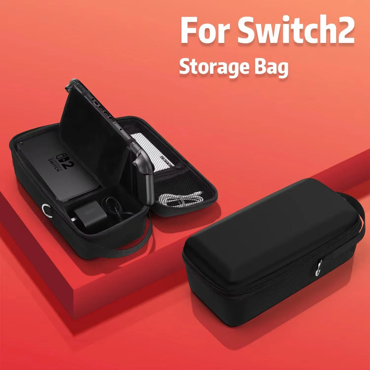 Switch 2 EVA hard shell carrying case black opened to show interior with console and mesh pocket on Tampa Home & Garden Store