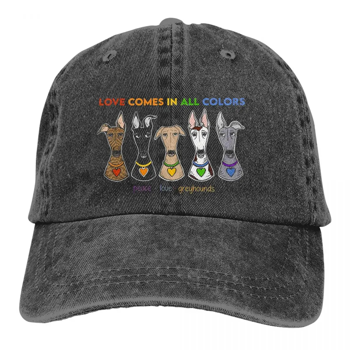 Peace Love Caps by BikerZoneZ, washed cap with rainbow text and five greyhounds heart collars on Tampa Home & Garden Store