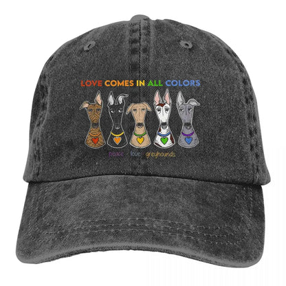Peace Love Caps by BikerZoneZ, washed cap with rainbow text and five greyhounds heart collars on Tampa Home & Garden Store