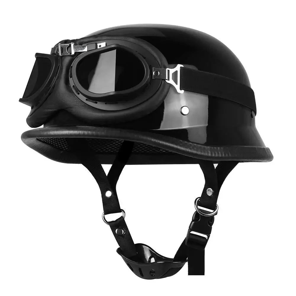 BikerZoneZ black glossy DOT half helmet with retro motorcycle goggles and chin strap on Tampa Home & Garden Store