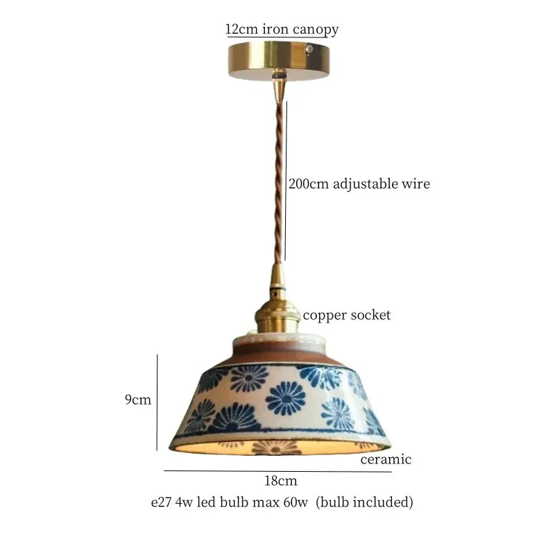 DecorBites Lotus Flower Ceramic LED Pendant Lampshade with blue floral shade and copper socket on Tampa Home & Garden Store