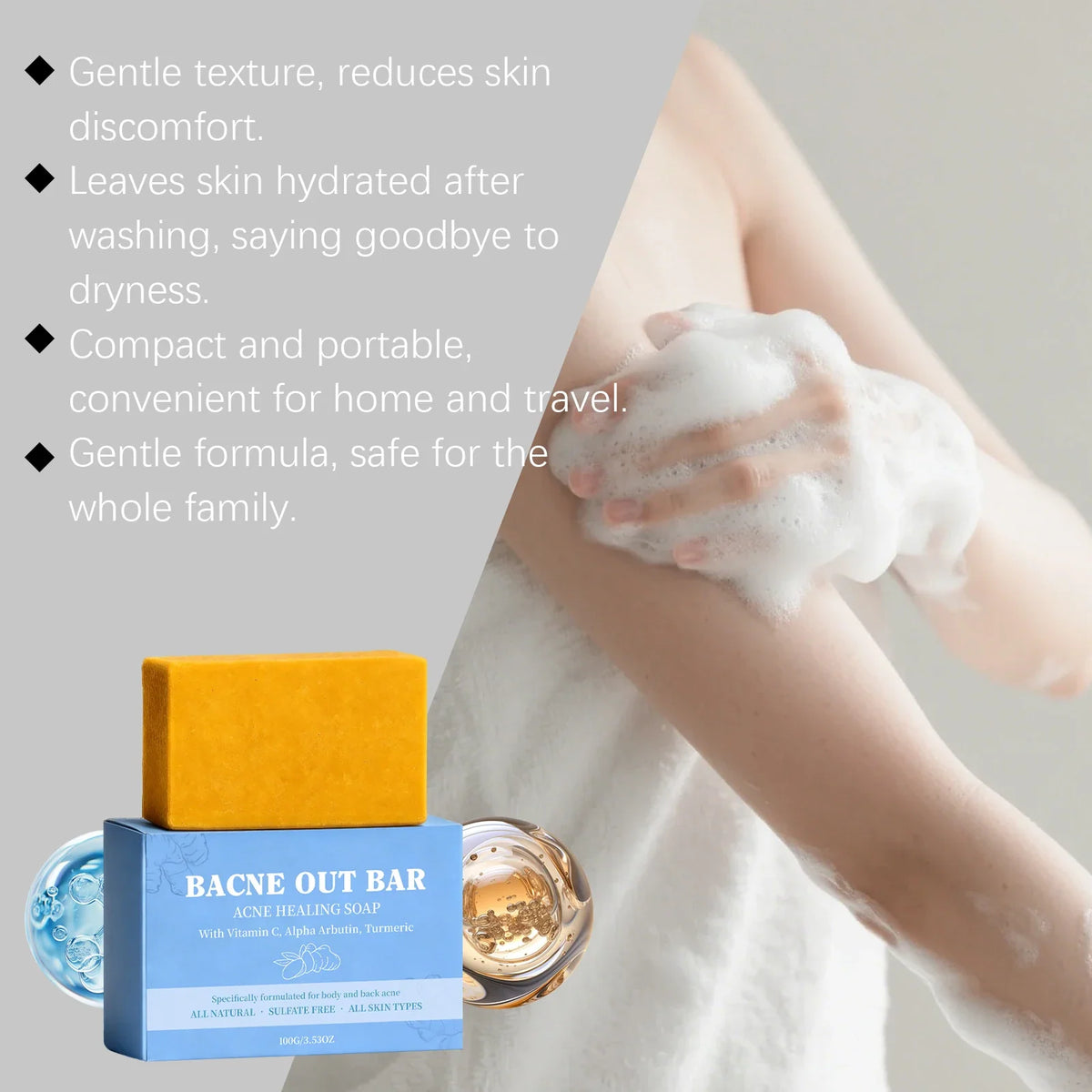 Bacne Out Bar acne healing soap by Silcy Skin, blue box with orange block, hands lathering on Tampa Home & Garden Store