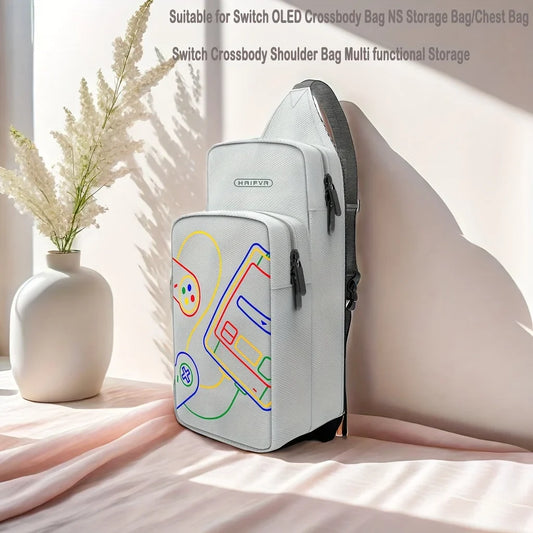 Gray Switch OLED/NS crossbody bag with front color artwork, dual zippers, adjustable strap on Tampa Home & Garden Store
