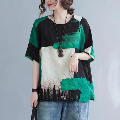 Women’s summer T-shirt retro loose cotton-linen top with green black print, short sleeves on Tampa Home & Garden Store