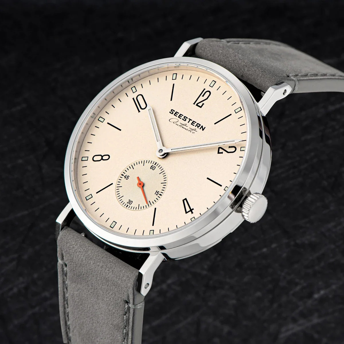 Men's ultra-thin automatic dress watch beige dial, stainless steel case grey leather strap on Tampa Home & Garden Store