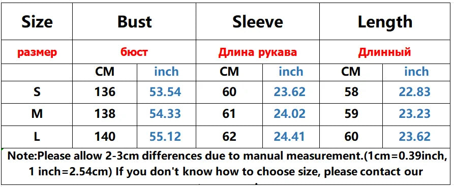 White Winter Jacket for Women size chart with bust, sleeve, and length for SML cm and inches on Tampa Home & Garden Store