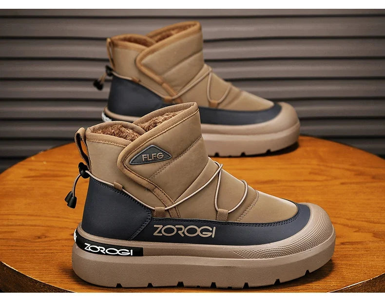 ZOROGI men's winter ankle boots in tan and navy with faux fur lining, 2 pairs on table on Tampa Home & Garden Store