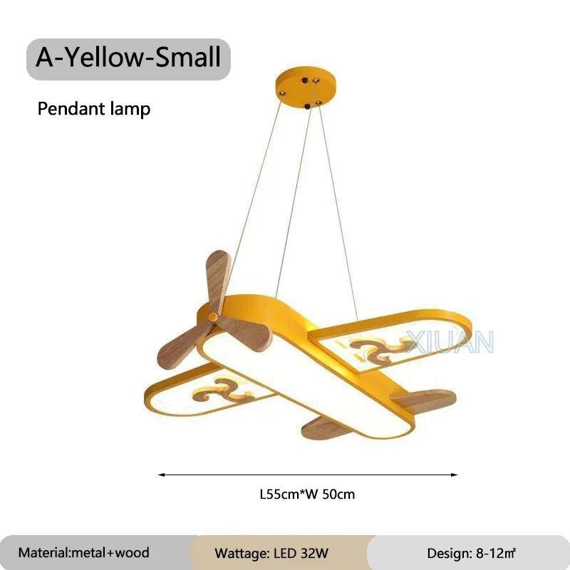DecorBites kids airplane pendant light yellow with wood propellers and metal frame on Tampa Home & Garden Store