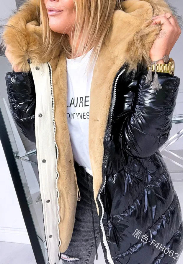 Women's Puffer Jacket with Faux Fur Collar, black shell, beige fur lining, front zip on Tampa Home & Garden Store