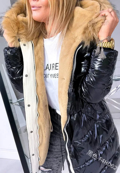 Women's Puffer Jacket with Faux Fur Collar, black shell, beige fur lining, front zip on Tampa Home & Garden Store