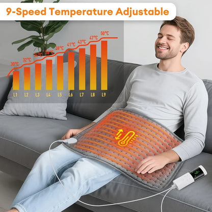 Silcy Skin heating pad 30x60 cm orange with grey border on a mans lap; 9 temperature settings on Tampa Home & Garden Store