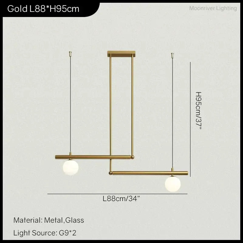 DecorBites Linear Chandelier Pendant Light gold metal with two glass globes G9 bulbs on Tampa Home & Garden Store