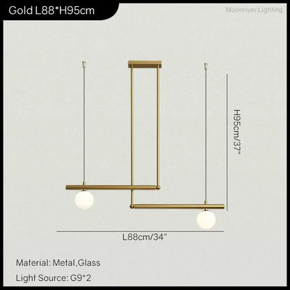 DecorBites Linear Chandelier Pendant Light gold metal with two glass globes G9 bulbs on Tampa Home & Garden Store