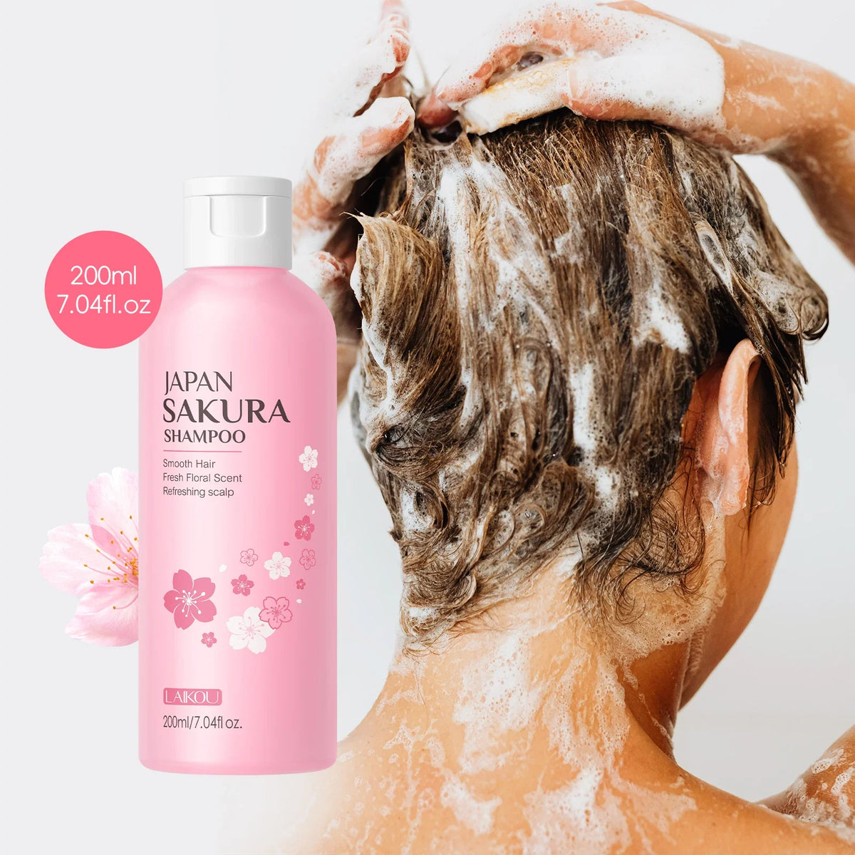 LAIKOU Japan Sakura Shampoo bottle, pink with white cap beside foamy hair being washed on Tampa Home & Garden Store