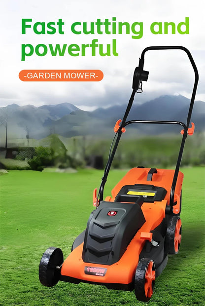 Cordless orange and black lawn mower on a green lawn with distant mountains on Tampa Home & Garden Store