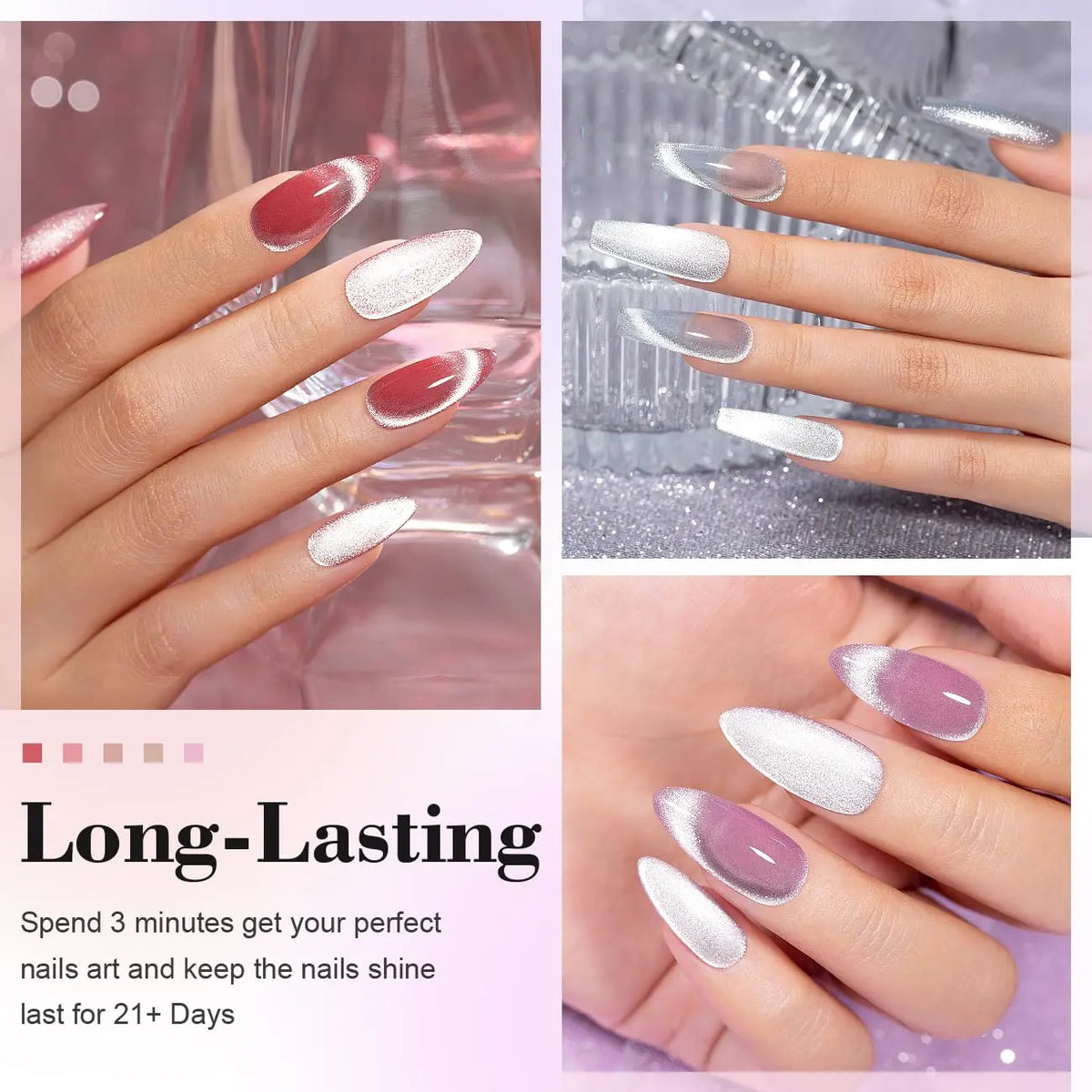 Silcy Skin 6pc reflective cat's eye magnetic gel nail set pink and silver glitter tips on Tampa Home & Garden Store