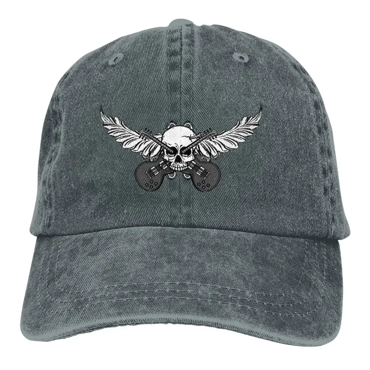Guitar Rock Skull Wing Baseball Cap by BikerZoneZ in washed gray denim with crossed guitars on Tampa Home & Garden Store