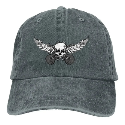 Guitar Rock Skull Wing Baseball Cap by BikerZoneZ in washed gray denim with crossed guitars on Tampa Home & Garden Store