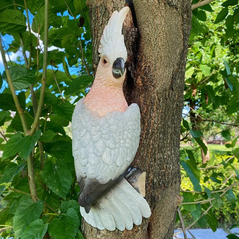 Perfecsy Wall-mounted parrot statue, resin garden sculpture with pink neck and gray wings on Tampa Home & Garden Store
