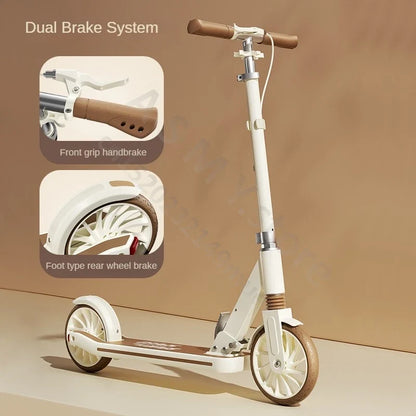 Foldable Kick Scooter white with brown handle grips, dual brake system, 2-wheel scooter on Tampa Home & Garden Store
