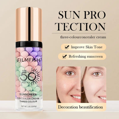 Face makeup primer tri-color cream bottle with colorful beads and gold cap FilmFish brand 40g on Tampa Home & Garden Store